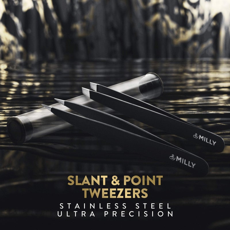 By MILLY Precision Tweezers Set | Slanted & Pointed Tip Tweezers Kit | High Carbon Stainless Steel | Aligned & Hand-Filed Tweezer Set Professional | Hair Removal & Eyebrow Tweezer Set | Black - Image 2